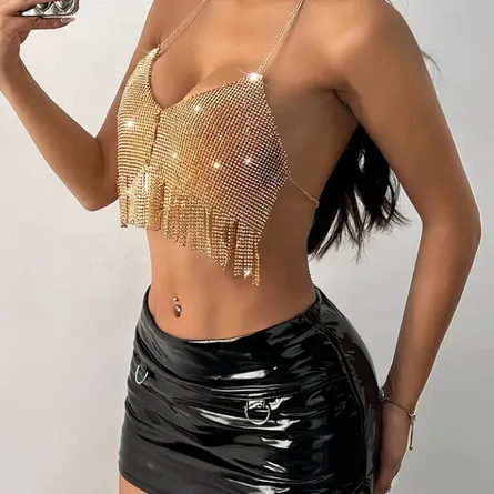 Sparkling Rhinestone Chain Halter Crop Top