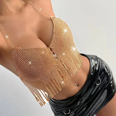 Sparkling Rhinestone Chain Halter Crop Top - Image 3