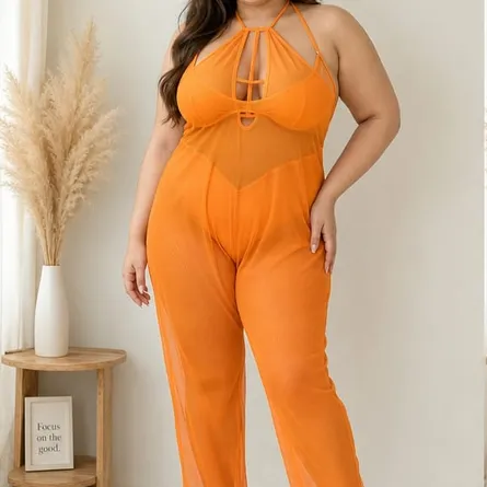 Orange Sheer Mesh Halter Neck One-Piece Night Suit - Image 3
