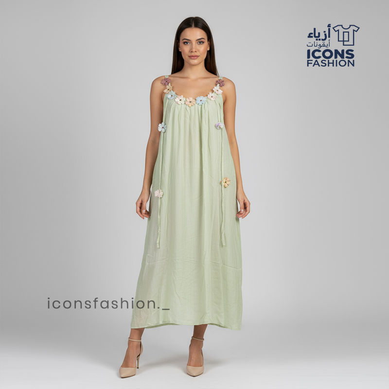 Sleeveless-maxi-dress-for-women-neckline-with-hanging-flower-ties-designed-in-a-flowy