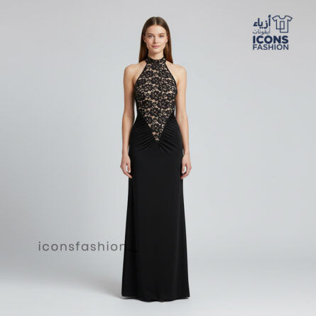 Women’s-black-halter-neck-lace-bodice-maxi-dress-sleeveless-evening-gown
