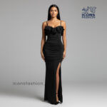 Elegant-black-bodycon-dress-for-women-spaghetti-strap-ruffled-neckline-side-slit