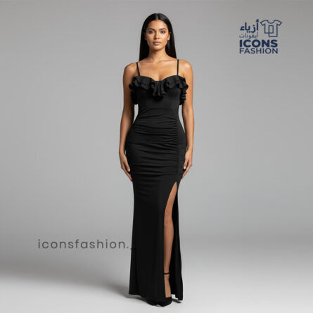 Elegant-black-bodycon-dress-for-women-spaghetti-strap-ruffled-neckline-side-slit