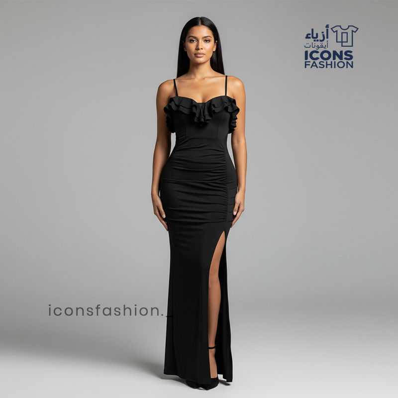 Elegant-black-bodycon-dress-for-women-spaghetti-strap-ruffled-neckline-side-slit