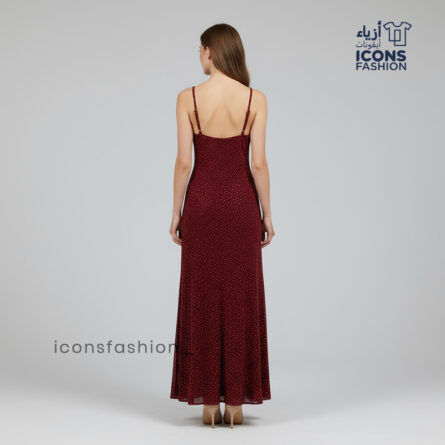 Red-lurex-maxi-dress-with-a-dotted-shimmer-finish-sleeveless-design-thin-spaghetti-straps-V-neckline-and-a-high-front-thigh-slit