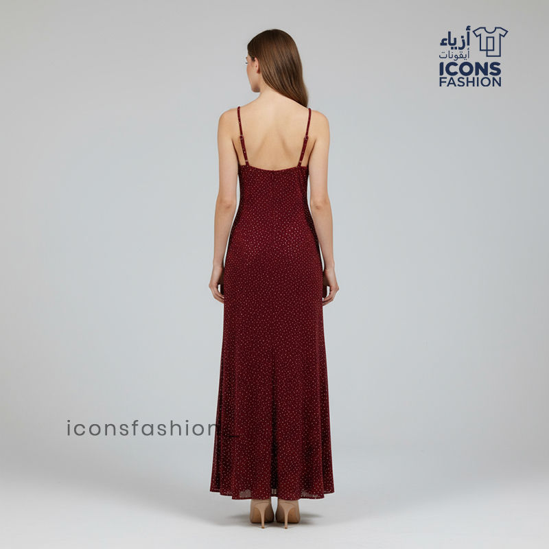 Red-lurex-maxi-dress-with-a-dotted-shimmer-finish-sleeveless-design-thin-spaghetti-straps-V-neckline-and-a-high-front-thigh-slit