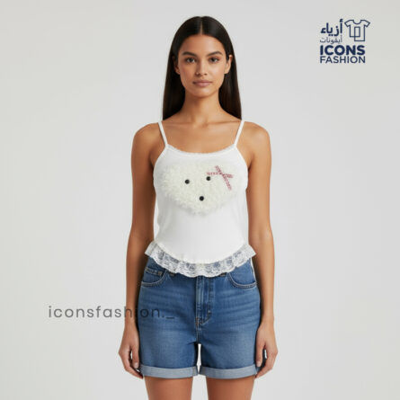 White-sleeveless-cami-crop-top-for-women-spaghetti-straps-fluffy-teddy-face-patch-with-bow-detail-lace-trimmed-hem