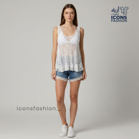 White-sleeveless-crochet-top-for-women-deep-V-neck-lace-knit-pattern-scalloped-hem-stylish-beachwear-and-summer wear