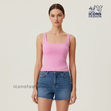 Pink-sleeveless-square-neck-crop-top-for-women-with-slim-fit-design-solid-pattern-wide-straps-stylish-casual-summer-wear