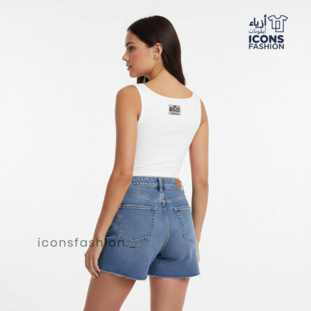 White-sleeveless-ribbed-tank-top-for-women-featuring-high-round-neckline-and-small-chest-print-stylish-casual-top
