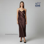 Coffee-brown-women-satin-slip-maxi-dress-with-spaghetti-straps-and-V-neckline-floor-length-elegant-gown