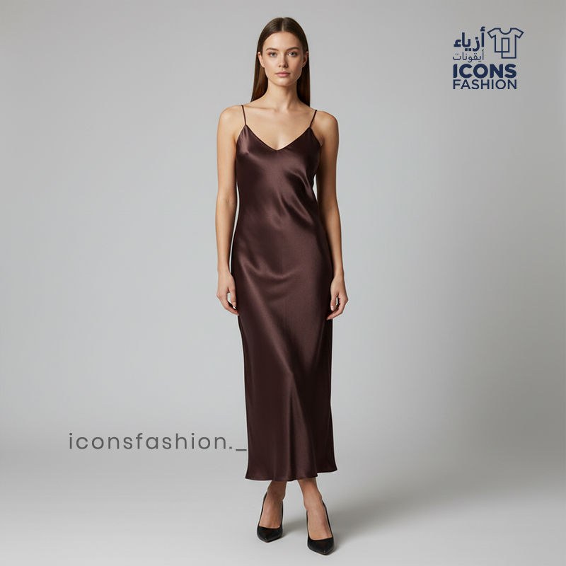 Coffee-brown-women-satin-slip-maxi-dress-with-spaghetti-straps-and-V-neckline-floor-length-elegant-gown