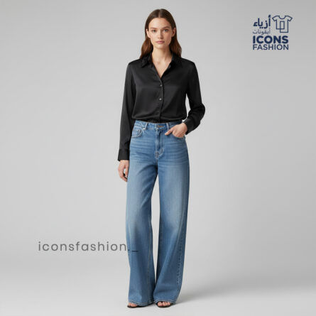 Black-women-satin-long-sleeve-button-down-shirt-with-collar-formal-solid-top