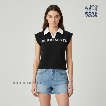 Black-women's-collar-neck-printed-T-shirt-with-short-cap-sleeves-and-contrast-collar