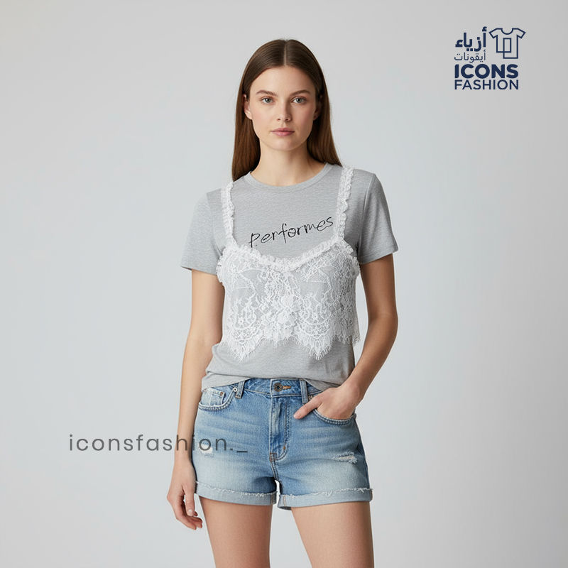 Grey-Two-piece-women-top-set-with black-print-t-shirt-and-white-lace-camisole-overlay