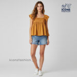Mustard-yellow-square-neck-pleated-peplum-top-with-short-ruffle-sleeves
