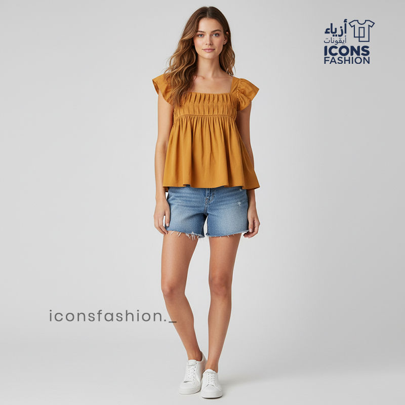 Mustard-yellow-square-neck-pleated-peplum-top-with-short-ruffle-sleeves