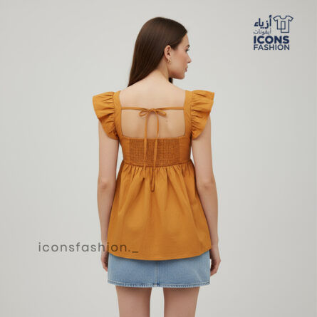 Mustard-yellow-square-neck-pleated-peplum-top-with-short-ruffle-sleeves