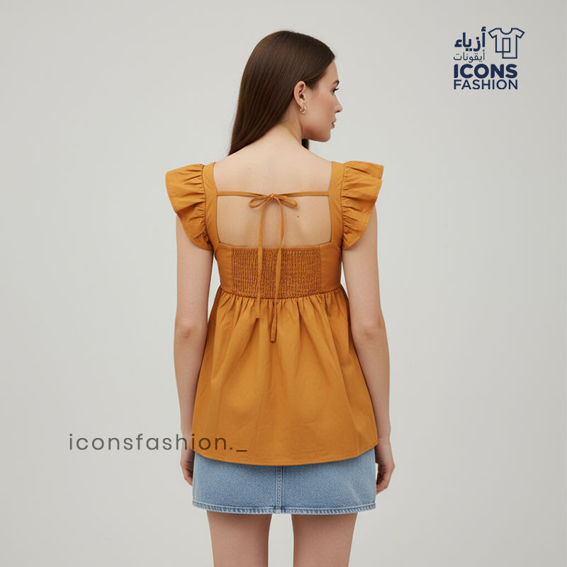 Mustard-yellow-square-neck-pleated-peplum-top-with-short-ruffle-sleeves