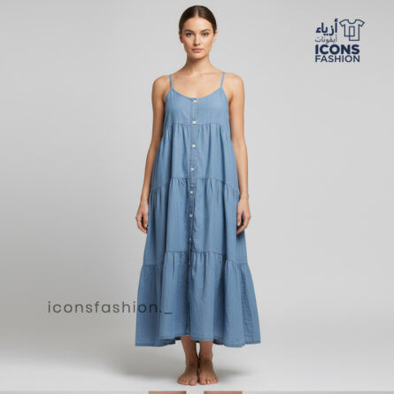 Sky-blue-denim-look-tiered-button-front-spaghetti-straps-maxi-dress-for-women