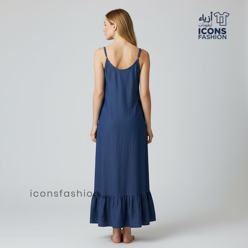Women-wear-a-dark-blue-denim-spaghetti-straps-maxi-dress-with-a-relaxed-A-line-fit-and-ruffle-hem