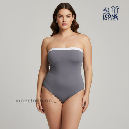 Women’s-grey-strapless-bodysuit-with-white-contrast-neckline-trim-and-smooth-bodycon-fit.