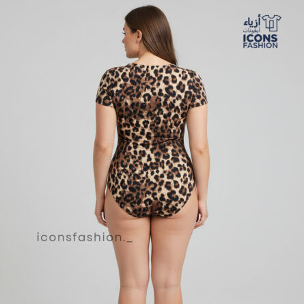 Women-leopard-print-bodysuit-high-neck-short-sleeve-stretch-bodycon-top-for-women
