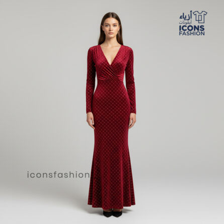 Maroon-Women’s-velvet-mermaid-gown-with-deep-V-neck,-long-sleeves,-and-textured-pattern
