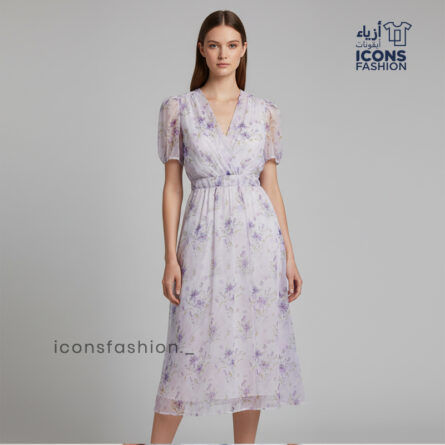 Lavender-women's-floral-chiffon-midi-dress-V-neck-puff-sleeve-summer-wear-dress