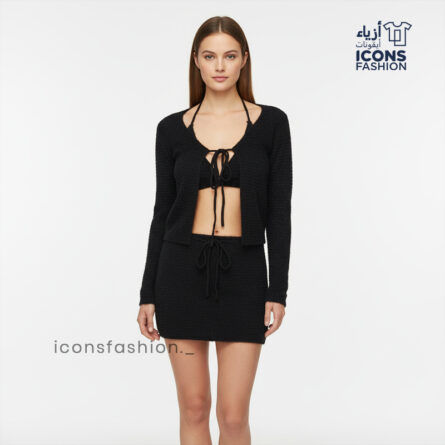 Black-women-fuzzy-three-piece-co-ord-set-cropped-cardigan-halter-bralette-mini-skirt-winter-wear-outfit