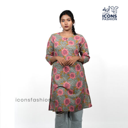Green-casual-wear-kurti-for-women-with-pink-floral-print