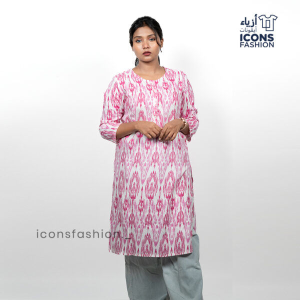 Pink-ethnic-print-kurti-knee‑length-straight-fit-with-side-slits-for-women
