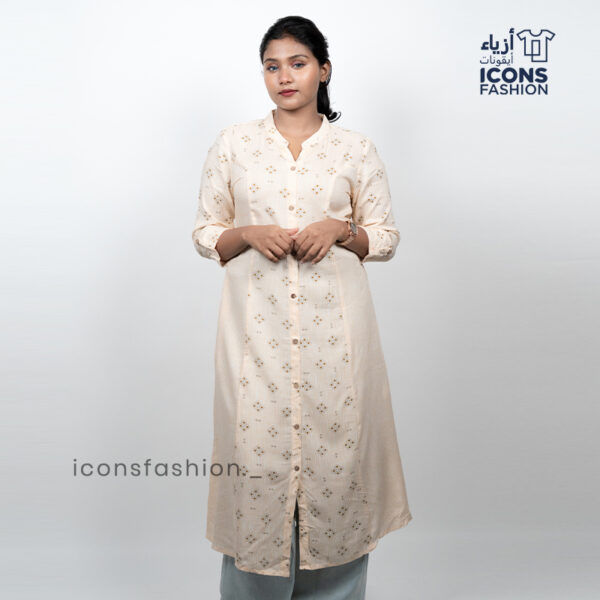 Women-Off-white-printed-straight-kurti-with-mandarin-collar-and-front-button-closure-3-4-sleeves-casual-office-wear-ethnic-top