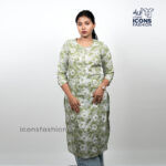 Women-sage-green-floral-printed-straight-kurti-with-round-neck-and-3-4-sleeves-daily-wear-ethnic-top