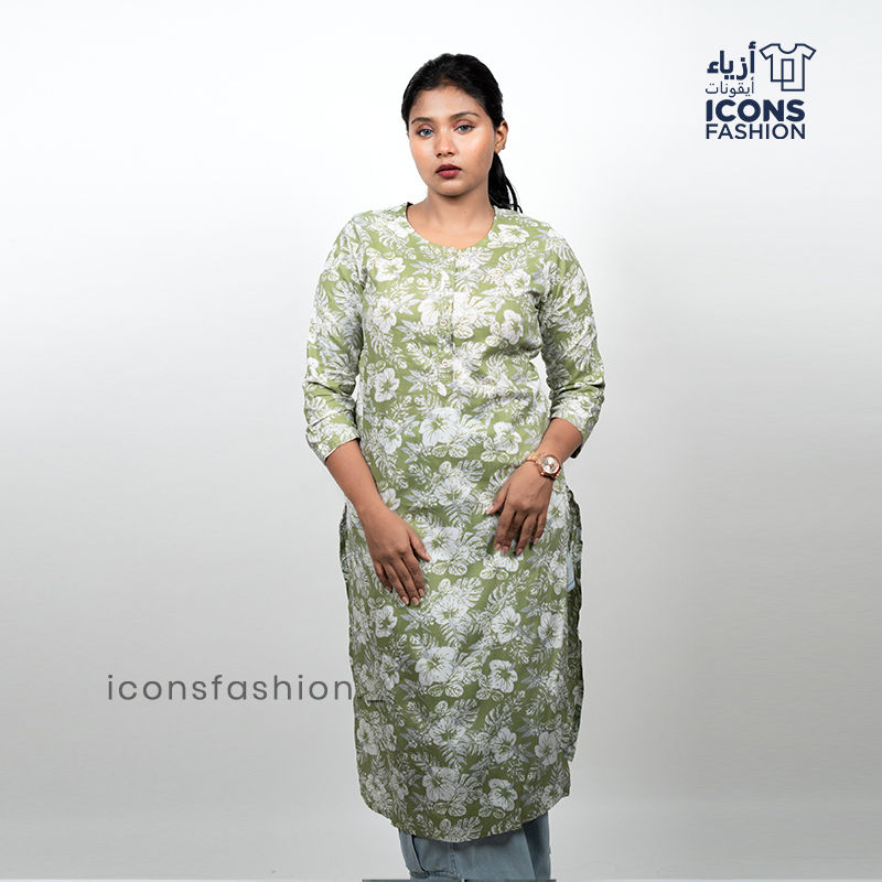 Women-sage-green-floral-printed-straight-kurti-with-round-neck-and-3-4-sleeves-daily-wear-ethnic-top
