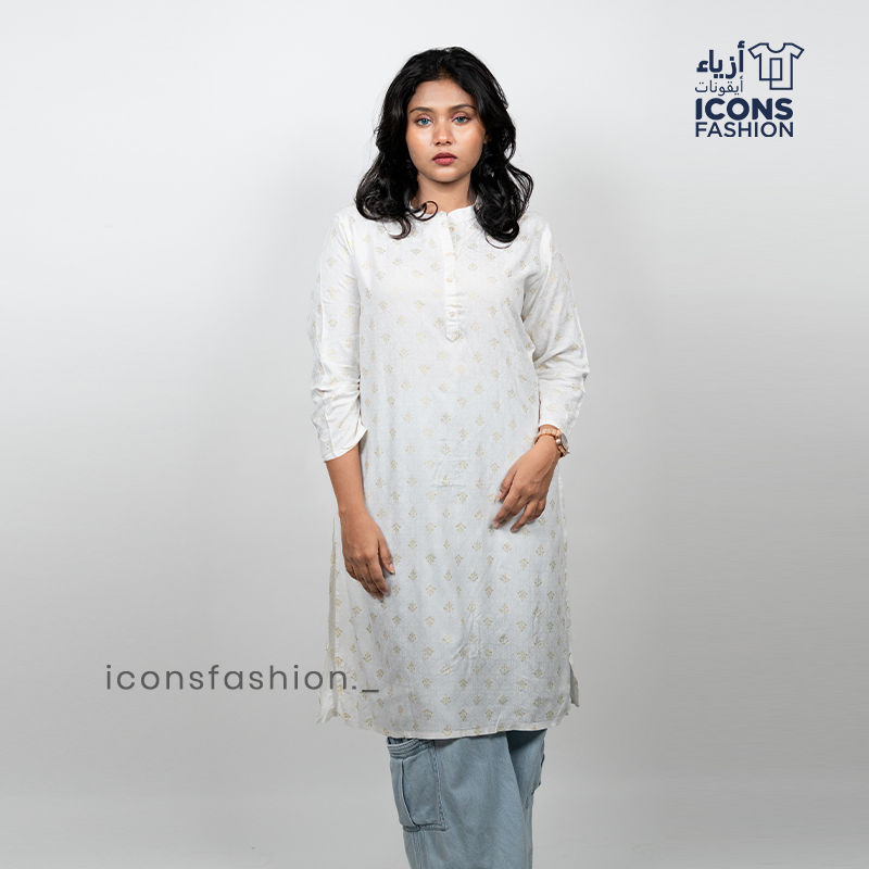 Women-white-printed-straight-kurti-with-round-neck-3-4-sleeves-casual-daily-wear-ethnic-top