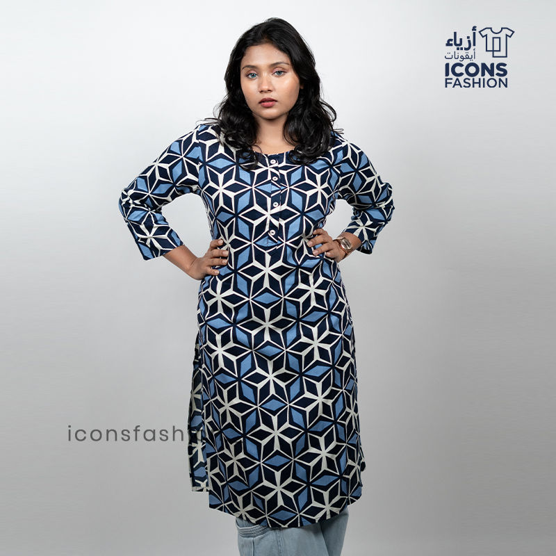 Women-blue-geometric-printed-straight-kurti-with-round-neck-and-3-4-sleeves-casual-daily-wear-ethnic-top