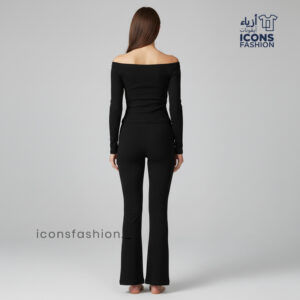 Black-off-shoulder-co-ord-set-for-women-with-long-sleeve-top-and-fitted-pants