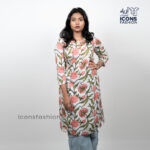 White-cotton-blend-straight-kurti-with-pink-floral-print-round-neck-3/4-sleeves-and-below-knee-length-design-for-women