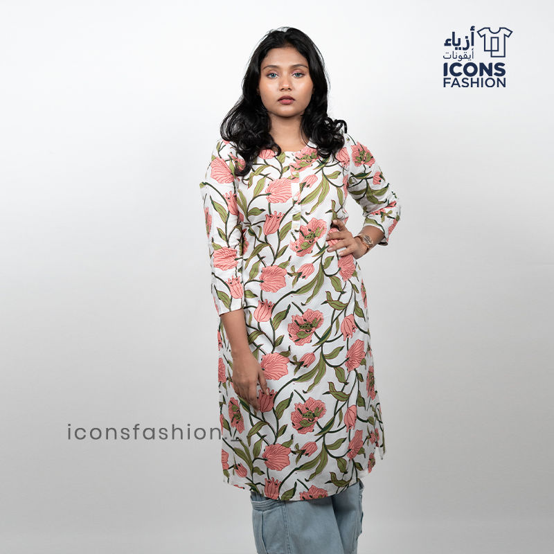 White-cotton-blend-straight-kurti-with-pink-floral-print-round-neck-3/4-sleeves-and-below-knee-length-design-for-women