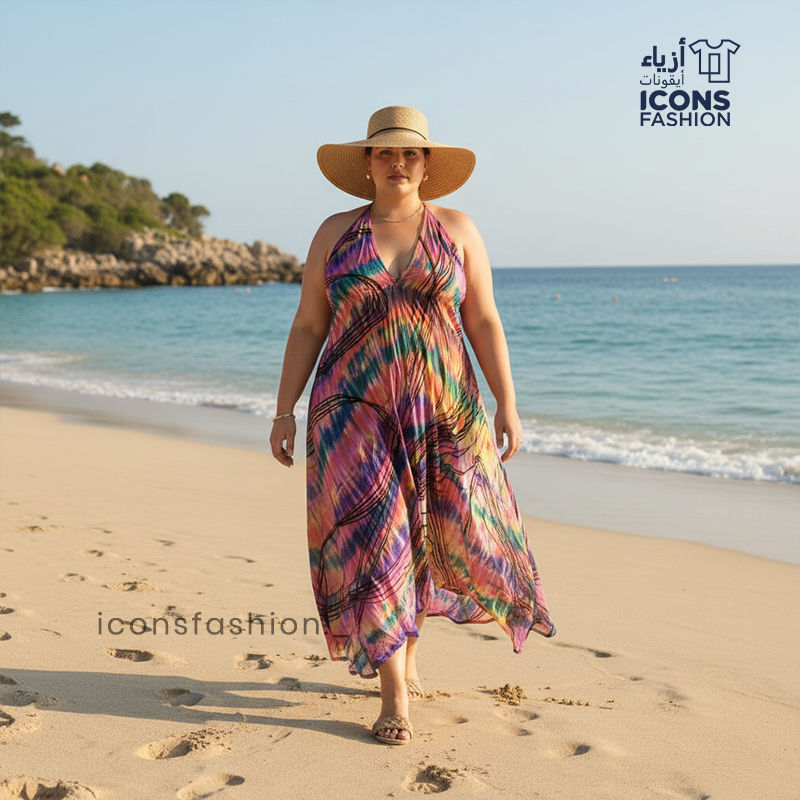 Multicolor-printed-sleeveless-halter-neck-maxi-dress-for-women-with-flowy-silhouette-worn-at-the-beach