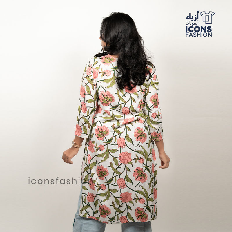 White-cotton-blend-straight-kurti-with-pink-floral-print-round-neck-3/4-sleeves-and-below-knee-length-design-for-women