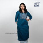 Teal-blue-cotton-blend-straight-kurta-for-women-with-embroidered-yoke-round-neck-3/4-sleeves-and-side-slits-styled-with-light-blue-bottoms