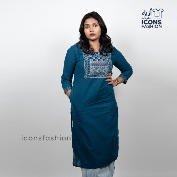 Teal-blue-cotton-blend-straight-kurta-for-women-with-embroidered-yoke-round-neck-3/4-sleeves-and-side-slits-styled-with-light-blue-bottoms