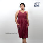 Womens-maroon-sleeveless-a-line-midi-dress-with-button-front-and-embroidered-side-pockets