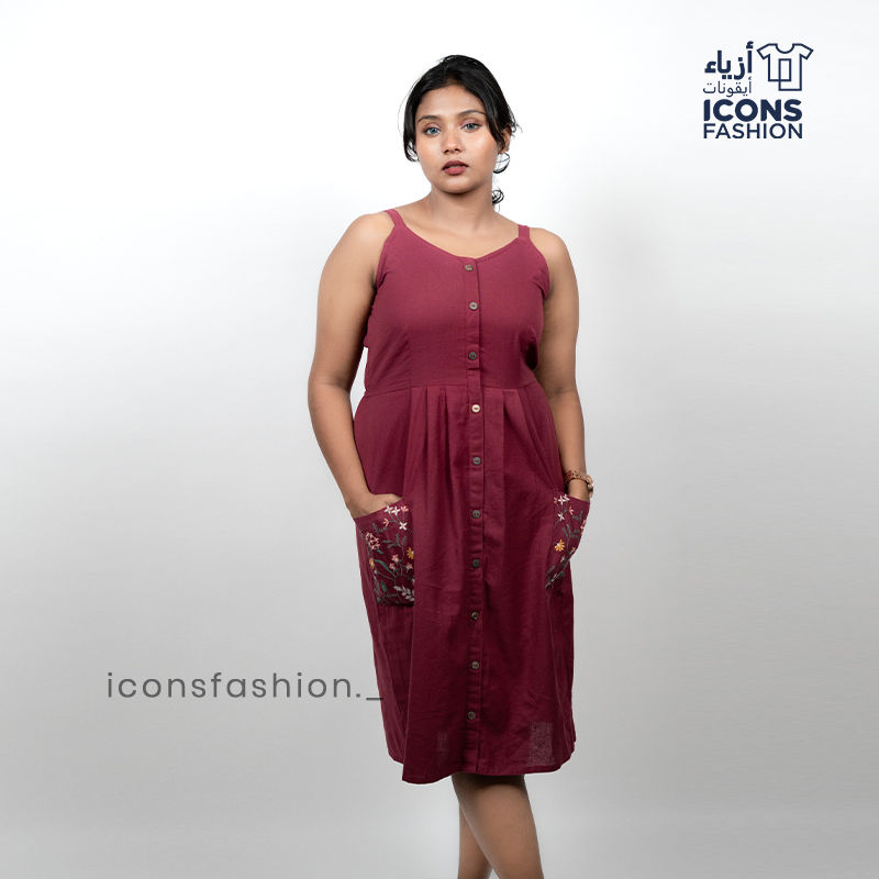 Womens-maroon-sleeveless-a-line-midi-dress-with-button-front-and-embroidered-side-pockets