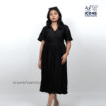 Women-black-pleated-midi-dress-with-v-neck-and-short-flutter-sleeves-for-party-wear