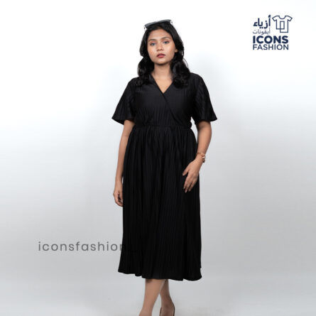 Women-black-pleated-midi-dress-with-v-neck-and-short-flutter-sleeves-for-party-wear