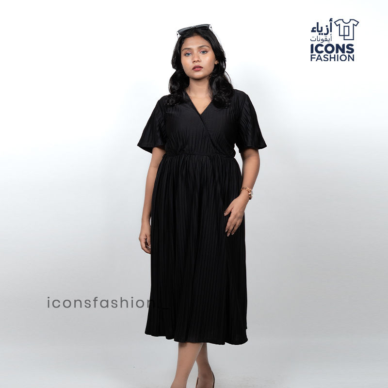 Women-black-pleated-midi-dress-with-v-neck-and-short-flutter-sleeves-for-party-wear