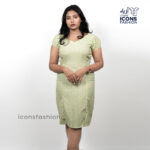 Women-light-green-bodycon-textured-dress-with-short-puff-sleeves